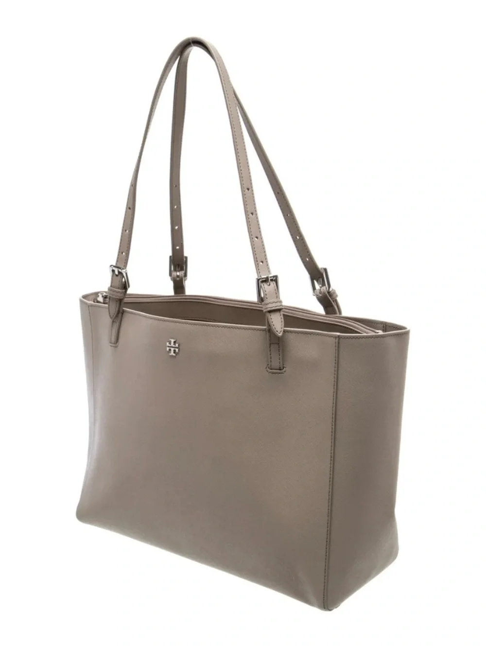 Tory Burch Neutral Taupe Leather Double-Strap Tote
